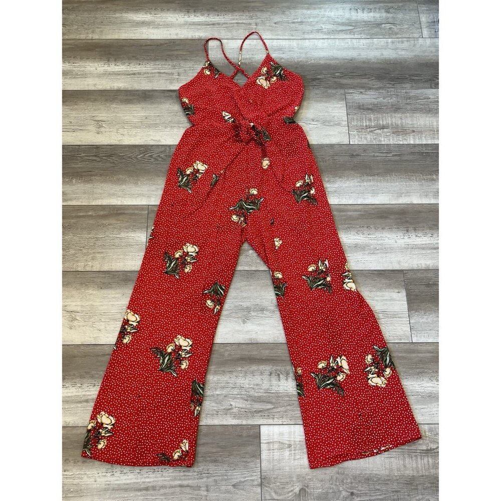 Socialite Wrap Jumpsuit w/ leg slits NWT Sz Large, Red White Polka Dot Floral